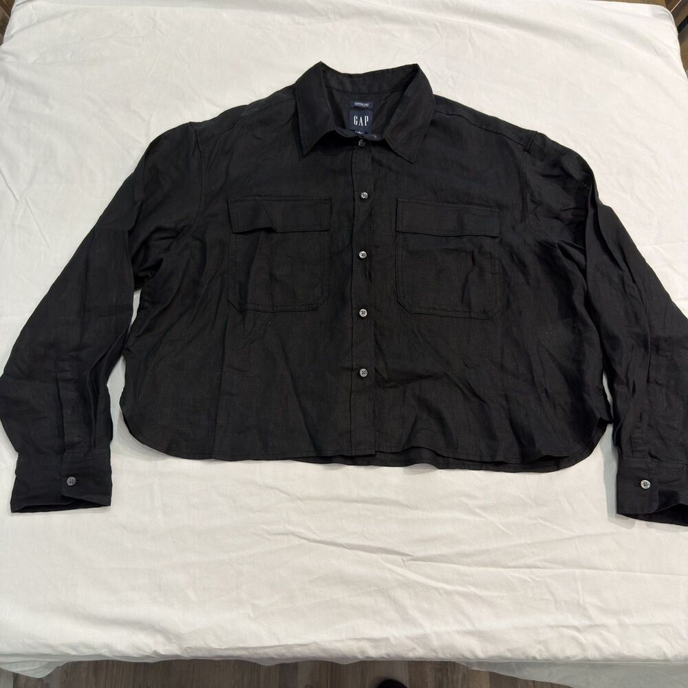 Women’s Gap Cropped Shirt 100% Linen Black Long Sleeve Button Down Large